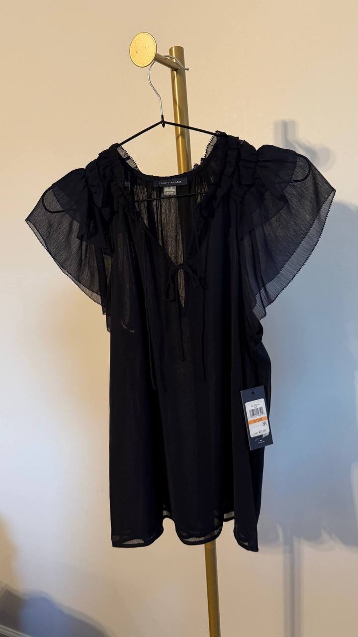 Tommy Hilfiger Split‑Neck Flutter‑Sleeve Chiffon Blouse Navy S $79 NWT