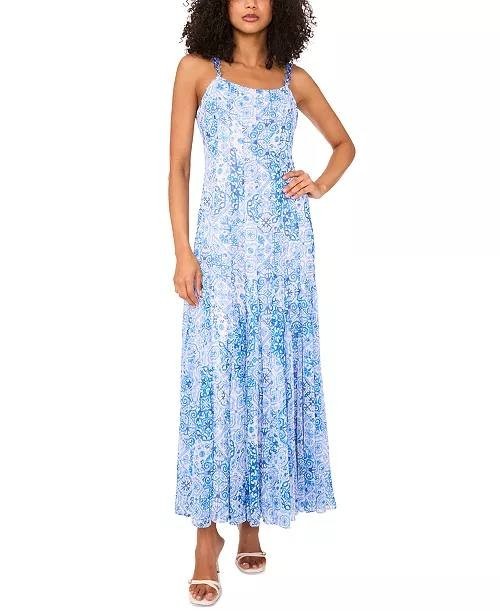 CeCe L'amour Godet Maxi Dress Chainlink Straps, Abstract Print, Size 6, NWT