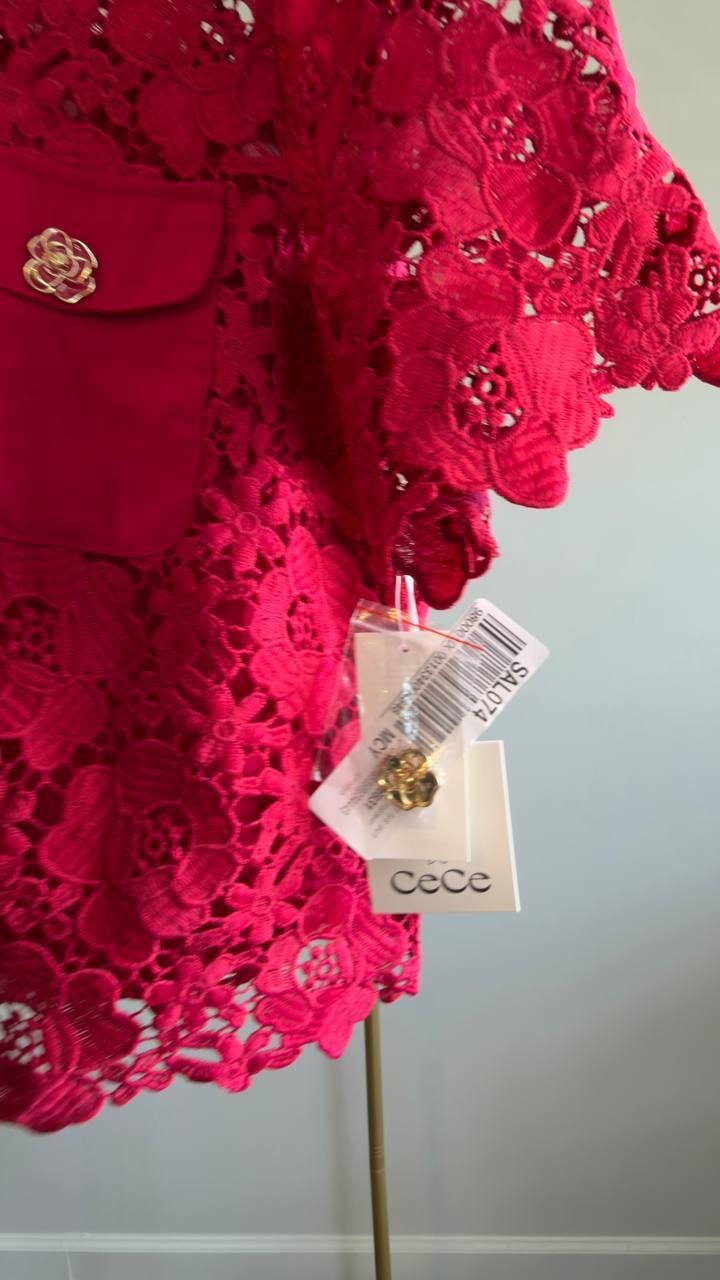 CeCe Lace Short‑Sleeve Button‑Up Top Red M NWT $99
