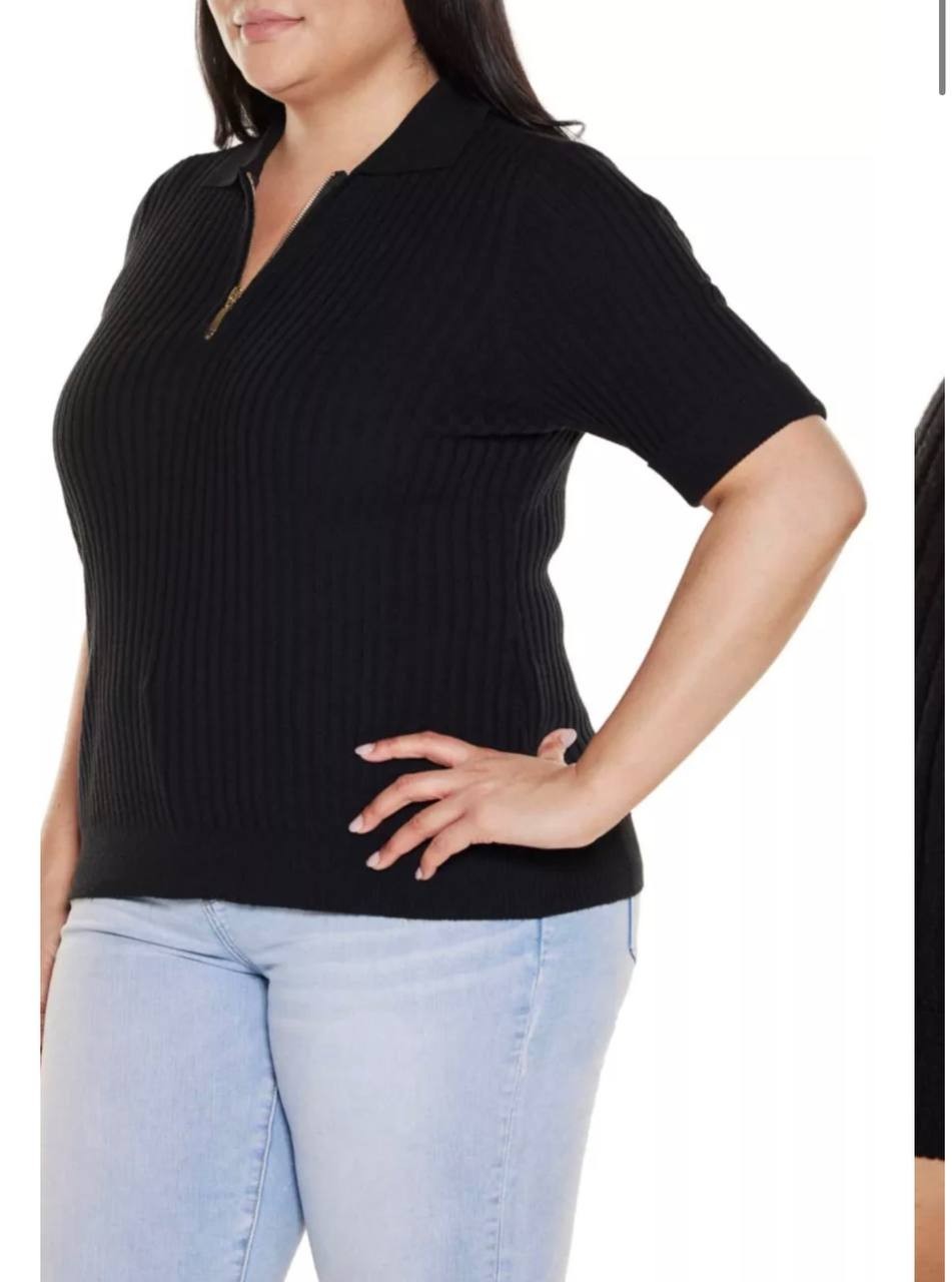 Belldini Plus Collared Quarter‑Zip Ribbed‑Knit Sweater Black 2X NWT $59