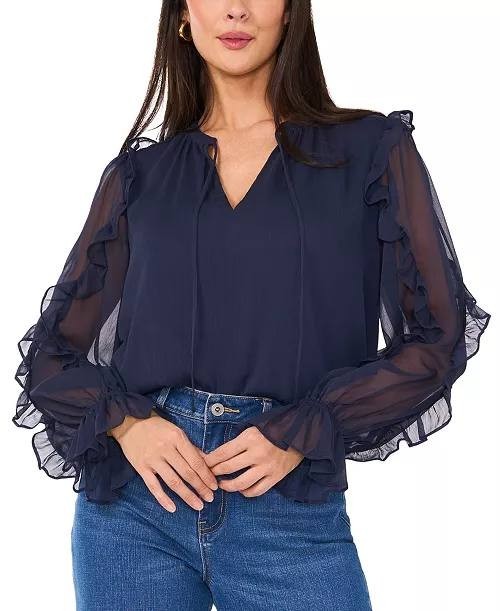 1.STATE Tie‑Neck Ruffled Sheer‑Sleeve Blouse Indigo Night XS NWT $79