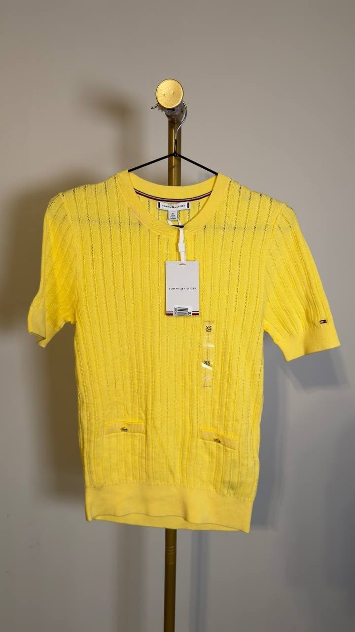 Tommy Hilfiger Women’s Pointelle Short‑Sleeve Sweater Yellow XS NWT $79.50