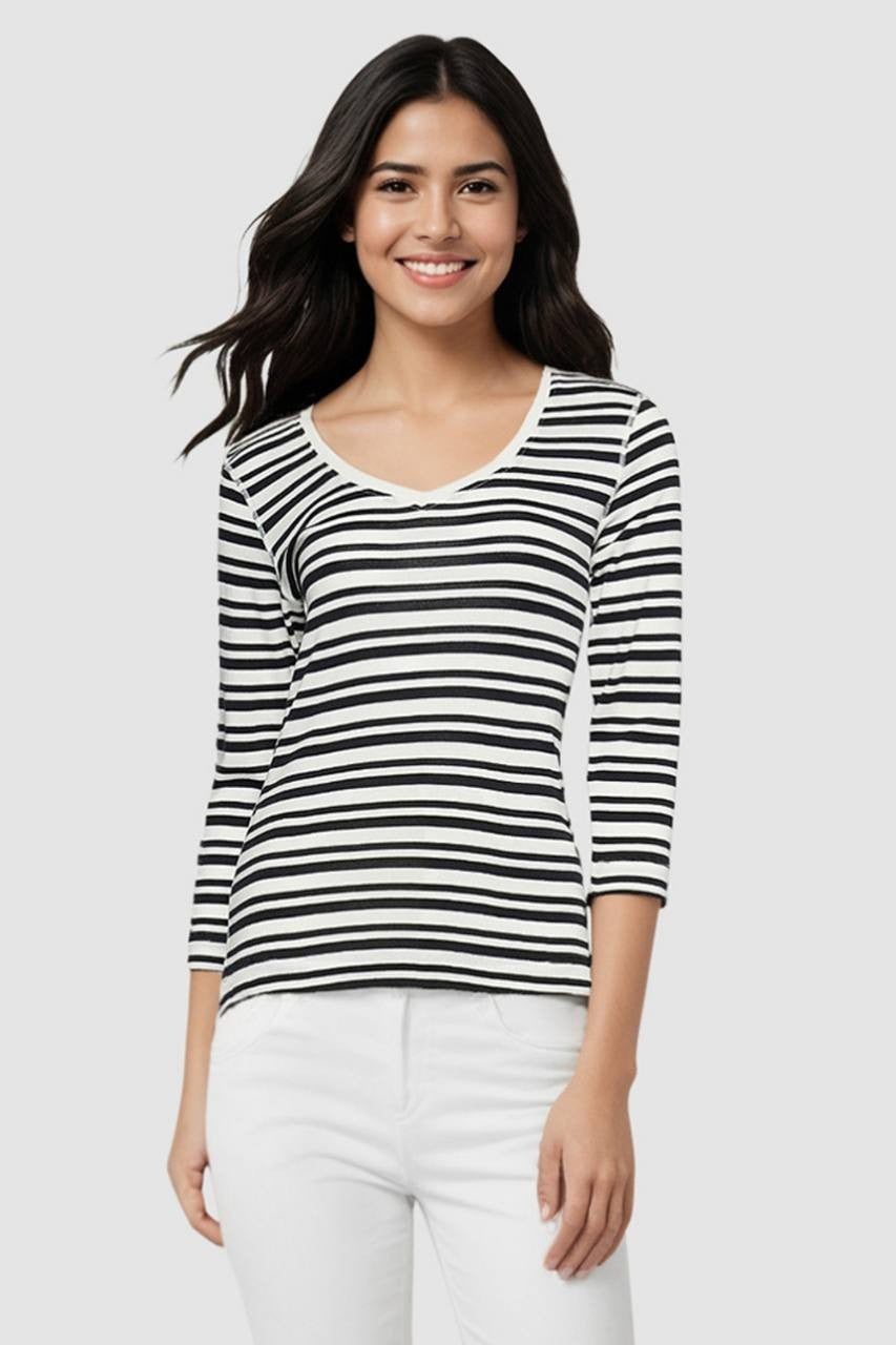 Three Dots Women’s 3/4 Sleeve V‑Neck Tee Black Beauty Stripes S $46 NWT