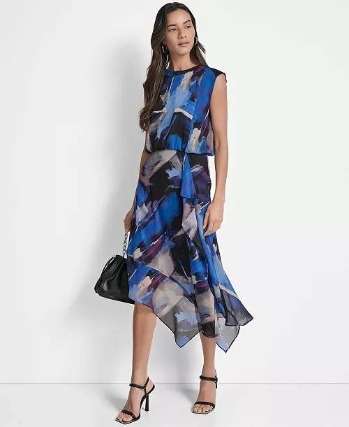 DKNY Printed Blouson Asymmetric-Hem Dress Blue Multi 8 NWT $129