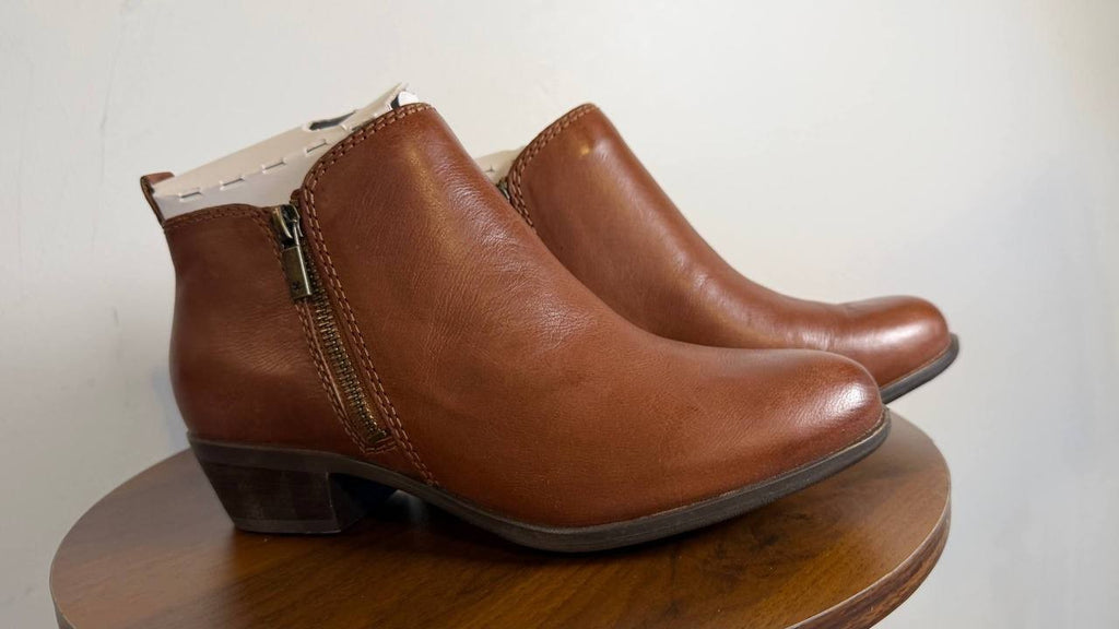 Lucky Brand Basel Booties 8M Toffee Leather Almond Toe Dual Zip NIB msrp$129