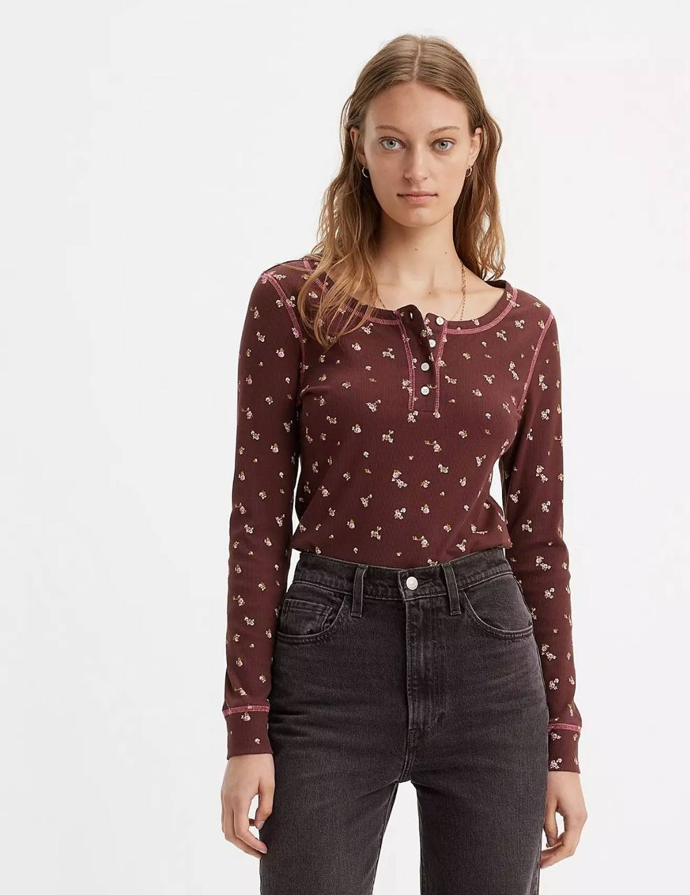 Levi's Sierra Henley Top - Floral Print, Lightweight Knit, Long Sleeve, XS