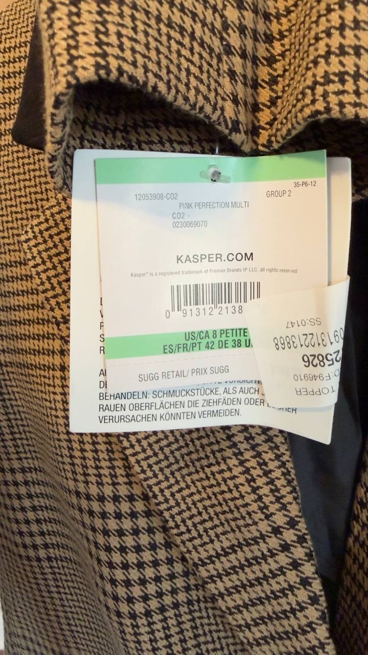 Kasper Plaid Two‑Button Notch‑Collar Jacket Pink Perfection Multi 8P NWT $139