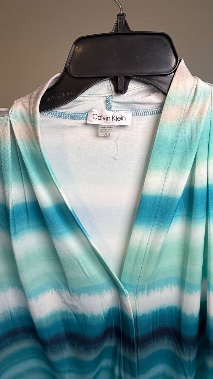 Calvin Klein Gathered V‑Neck Sleeveless Top White/Blue L NWOT $49