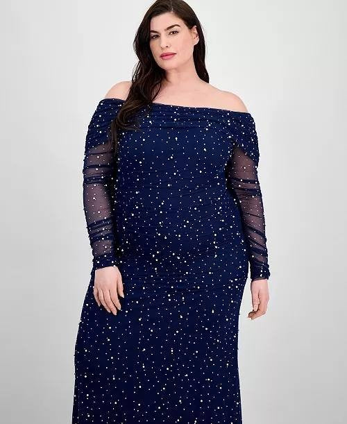 B Darlin Plus Off‑Shoulder Pearl Gown Navy 16W NWT $119