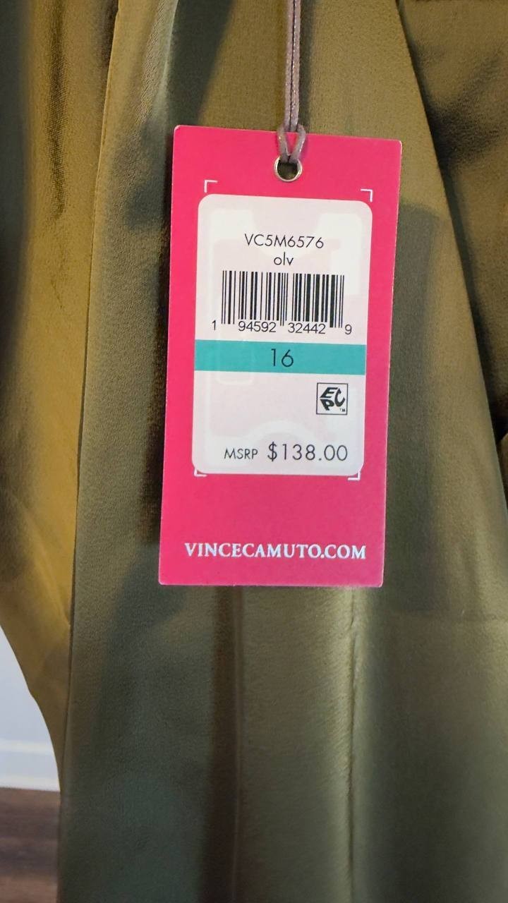 Vince Camuto Plus Size Satin Mock‑Neck A‑Line Dress Olive 16 NWT $138