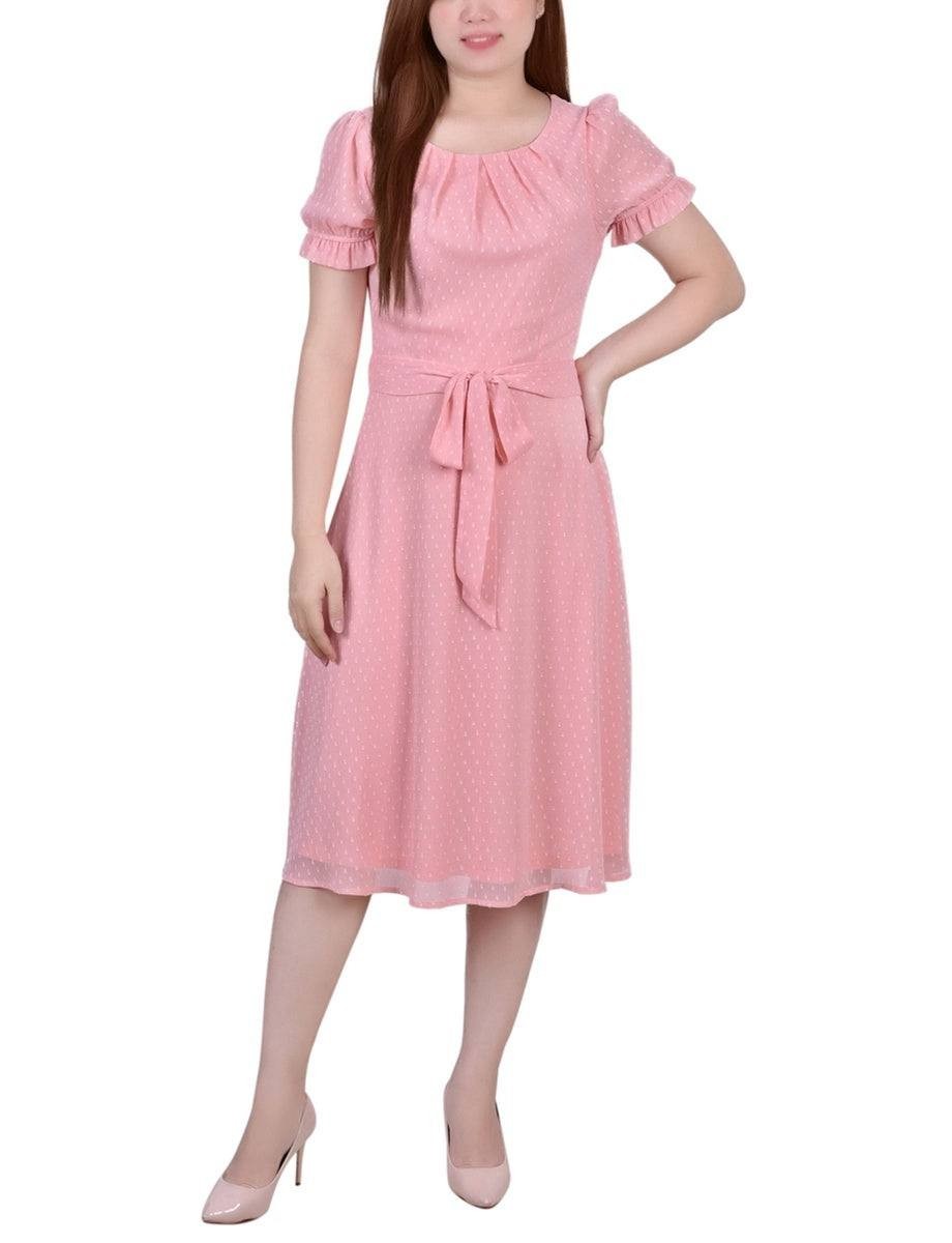 NY Collection Petite Smocked Waist Dress PS NWT Light Pink Short Sleeve A-Line