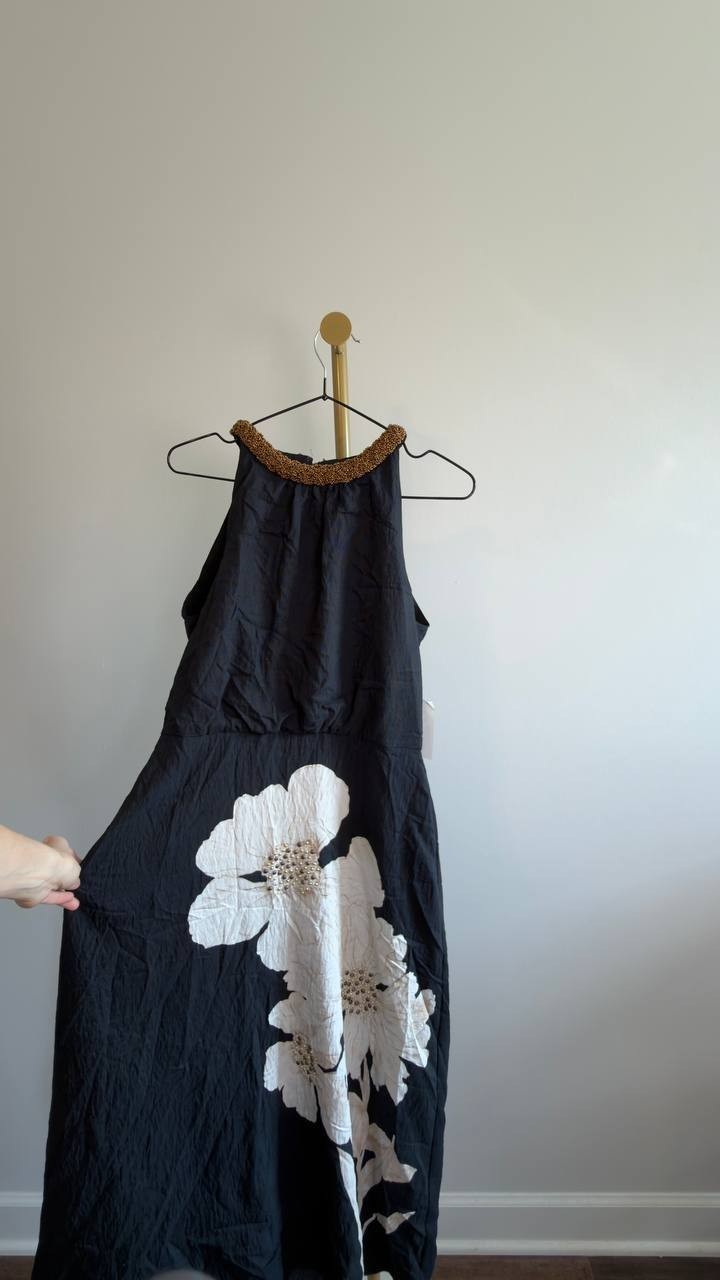 Karl Lagerfeld Floral Bead Collar Sleeveless Midi Dress Black Multi 8 NWT $189