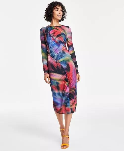 Vince Camuto Mesh Bodycon Dress – Size 2 – NWT – Floral Multi Long Sleeve Ruched