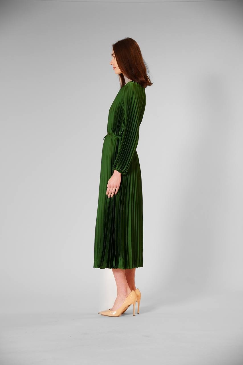 Julia Jordan Pleated Long Sleeve Waist Tie Maxi Dress Green 12 NWT $149