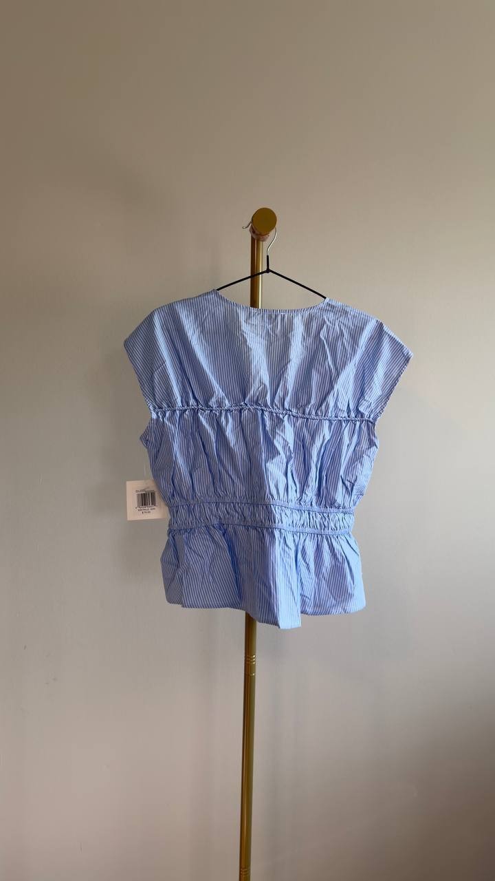 Ellen Tracy Shirred Sleeveless Top Front Ties Blue/White Stripes Size M NWT $79