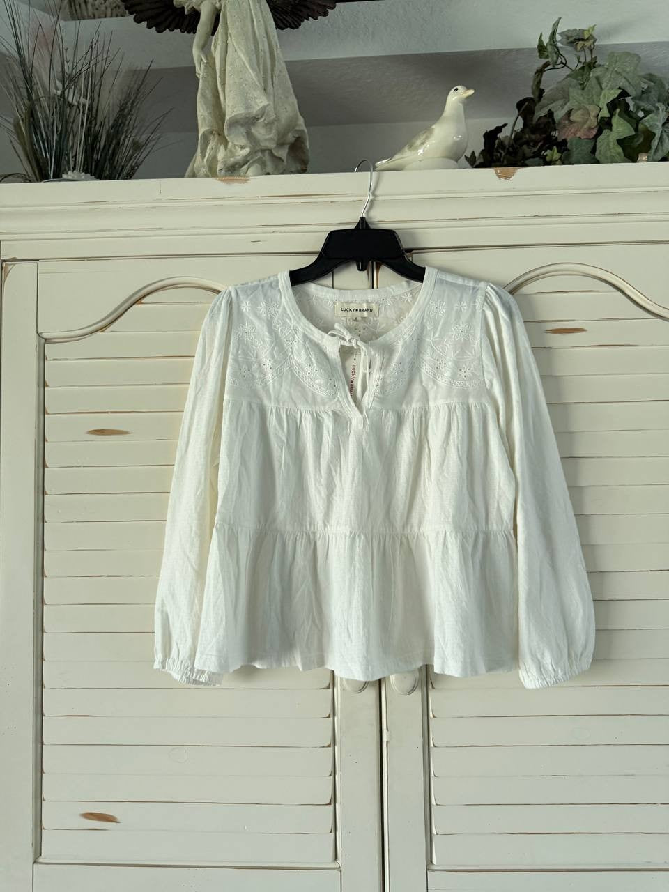 Lucky Brand Top S Whisper White Tiered Babydoll Textured Blouse NWT MSRP $79