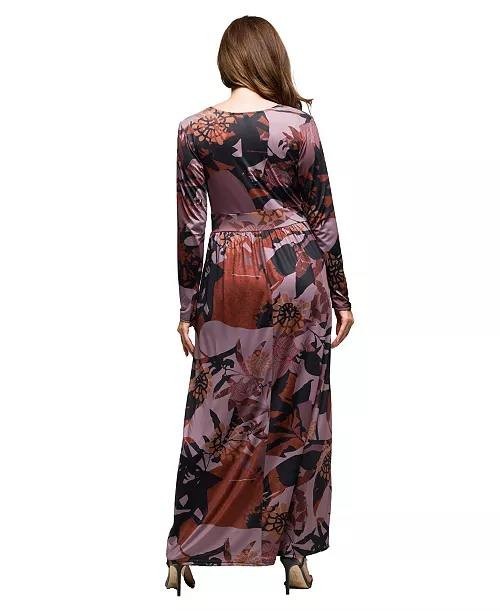 24seven Comfort Apparel Gray Multi  Wrap Maxi Dress Long Sleeve 1X NWT