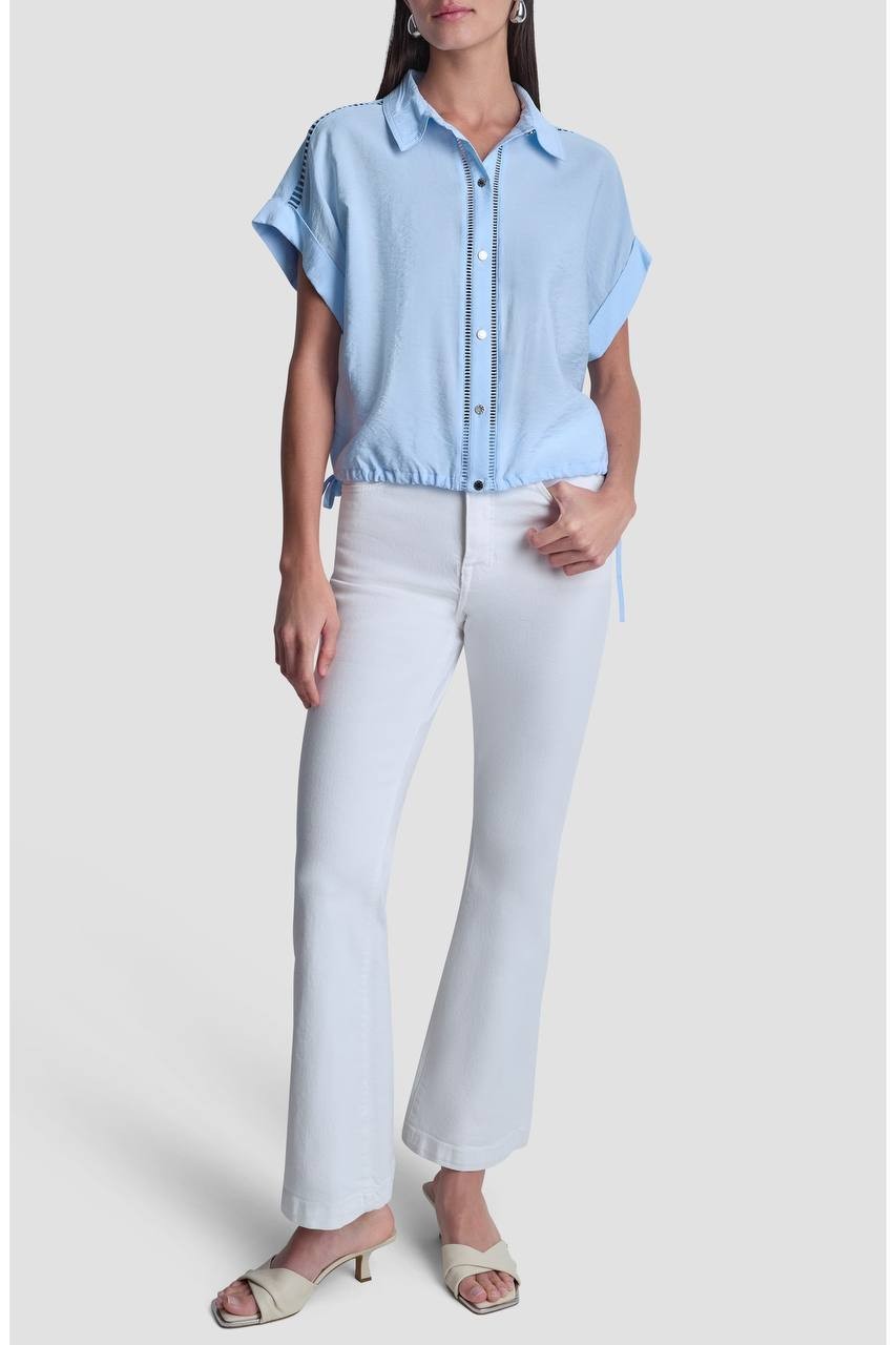 DKNY Ladder Lace Detail Short‑Sleeve Button‑Up Shirt Light Blue M NWT $99
