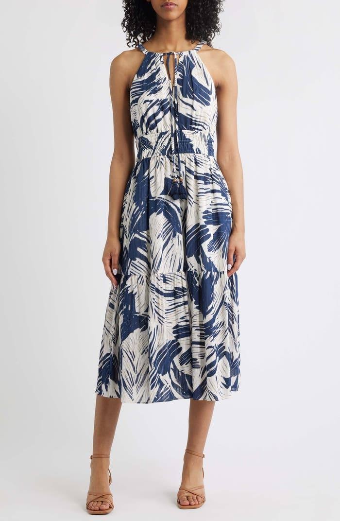 Vince Camuto Women’s Leaf Print Cotton Halter Neck Midi Dress Blue 12 $188 NWT