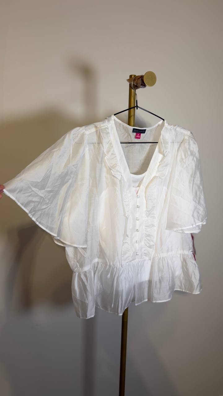 Vince Camuto V-neck Double Ruffle Peplum Flutter Sleeve Top White XL NWT $99