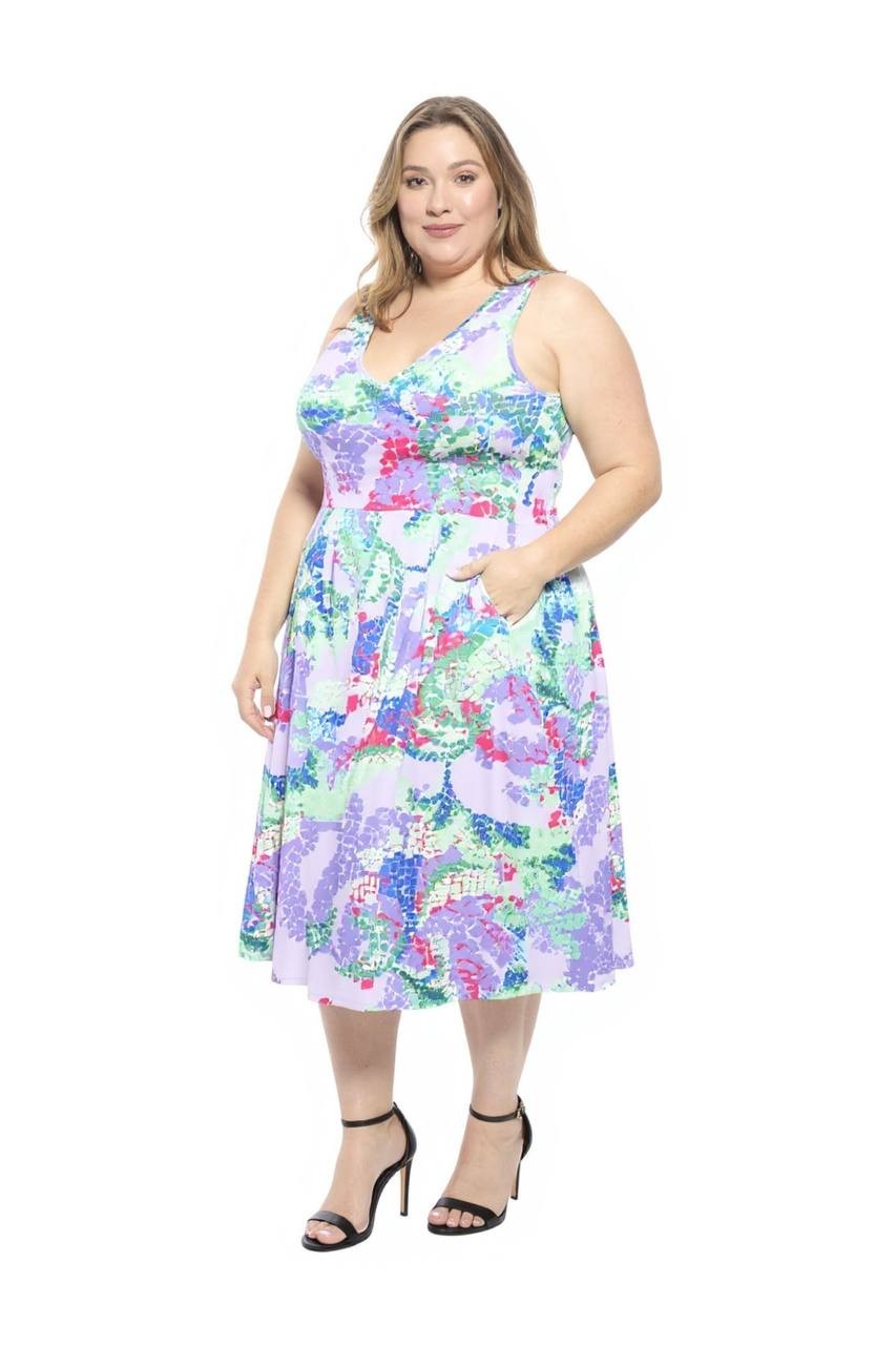 24seven Comfort Apparel Plus Abstract  Midi Dress Purple Multi 2XL NWT $64