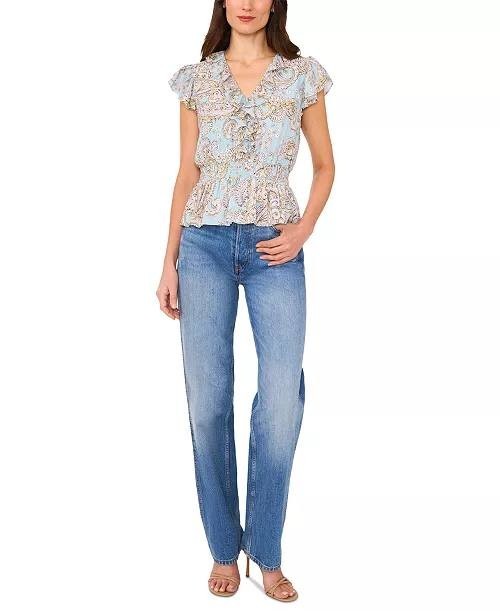 Parker Women’s The Margot Paisley‑Print Ruffled Top Blue Multi L $99 NWT