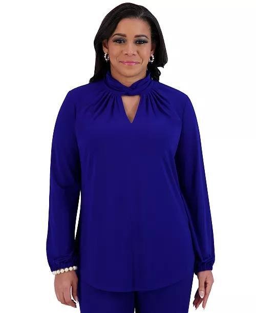 Kasper Twisted Mock Neck Long‑Sleeve Top Blue S NWT $69