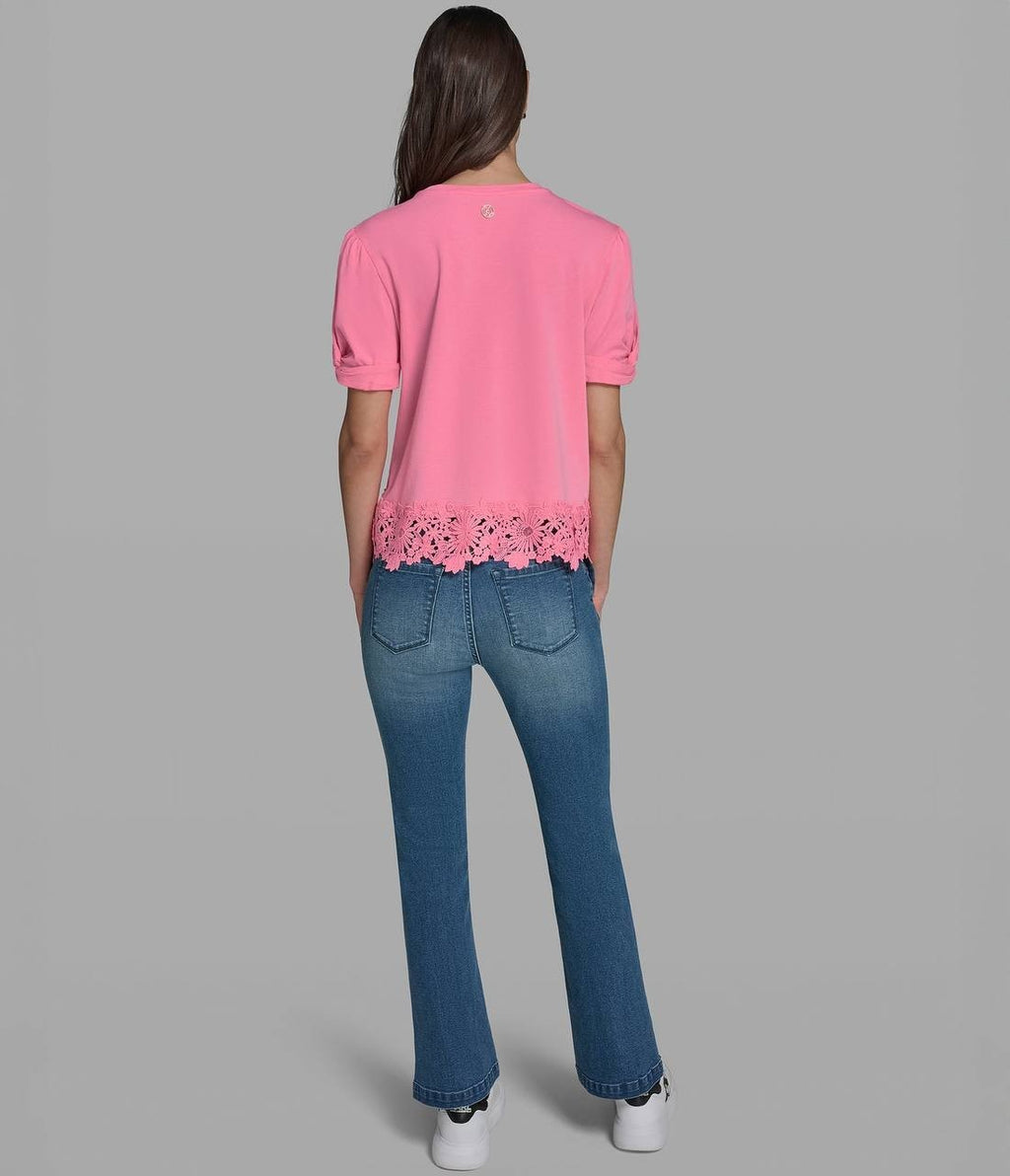 Karl Lagerfeld Cotton & Modal Floral Lace Hem Tee Pink Carnation XS NWT $79