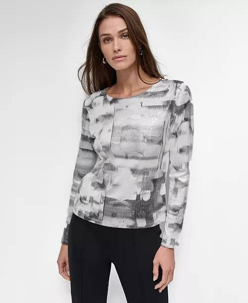 DKNY Women’s Printed Knit Sequin Long‑Sleeve Top – Black/White – NWT Size M,L,XL