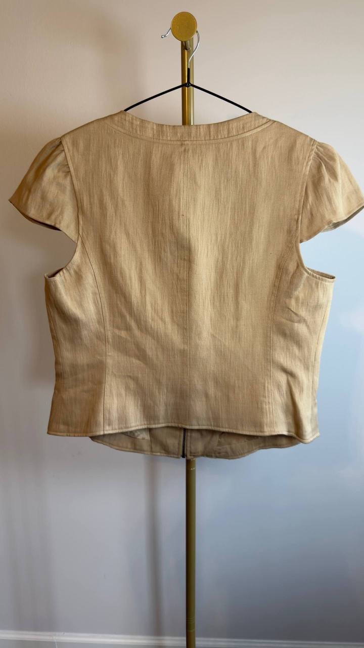 DKNY Cap Sleeve Zip Front Twill Shirt Travertine L NWT $99