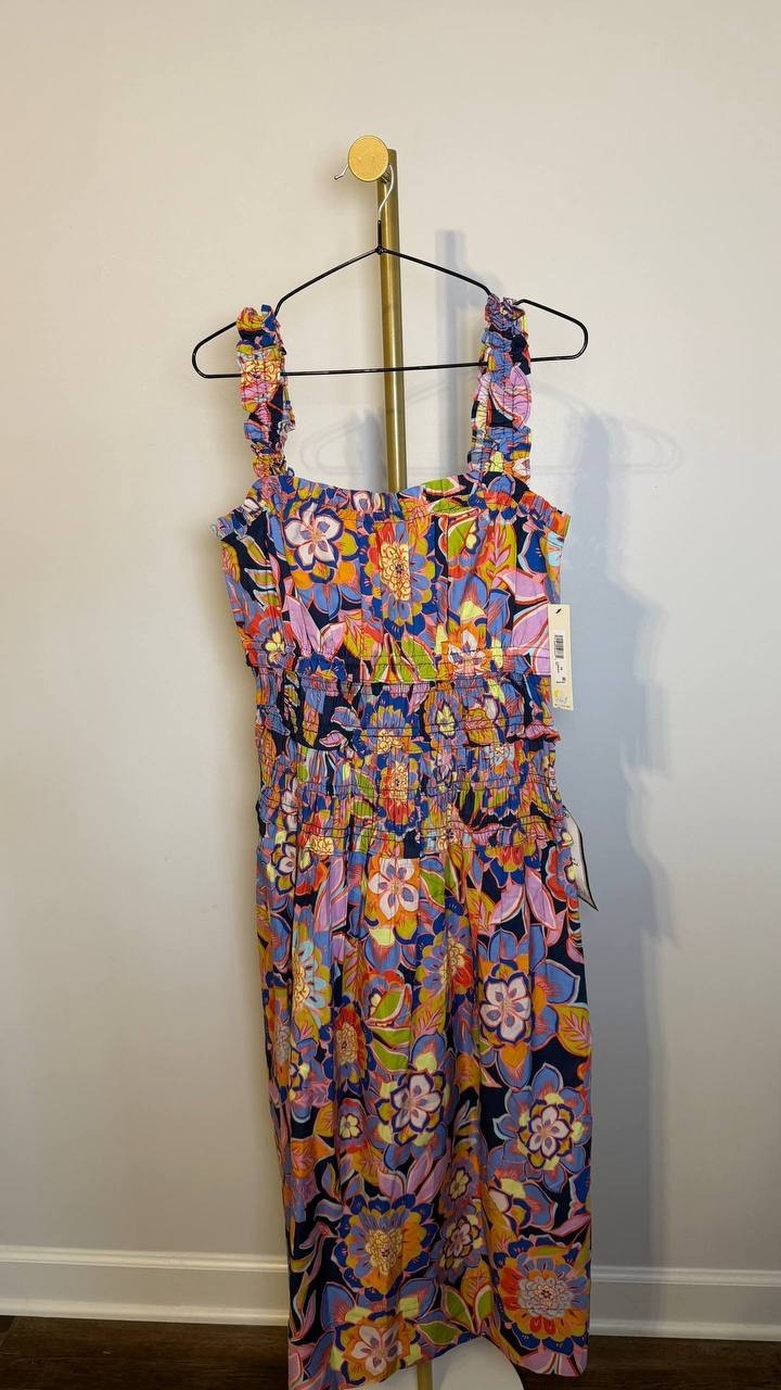 Eliza J Cotton Smocked-Waist Floral Midi Dress Multi 10 NWT $138