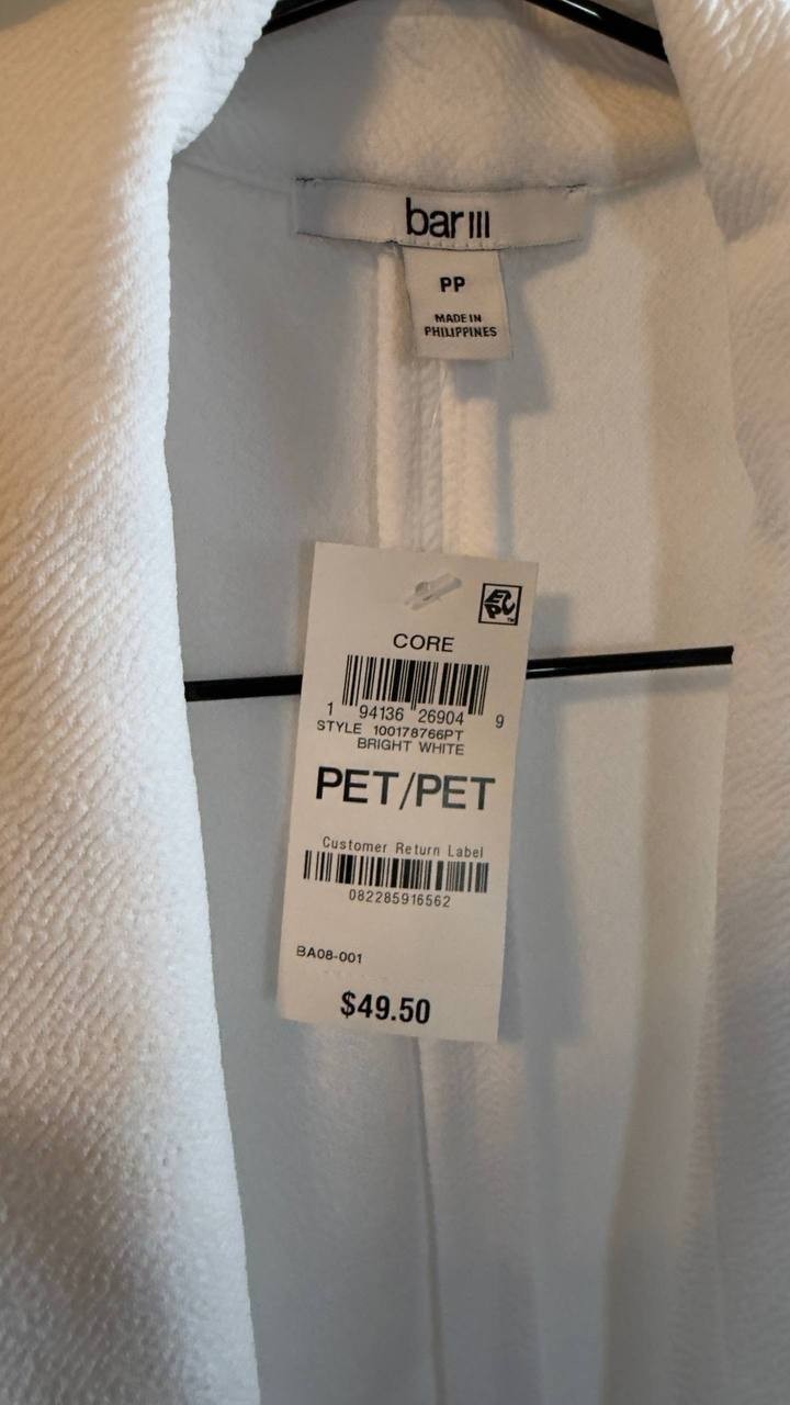 Bar III Ruched 3/4‑Sleeve Knit Blazer Bright White P/P NWT $49.50