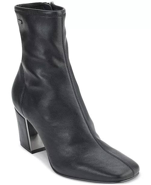 DKNY Cavale Stretch Booties Black 8M Fabric Block Heel $99 NWB