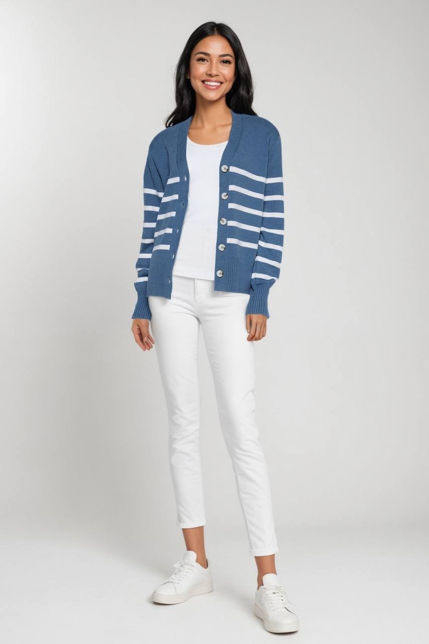 Three Dots Women’s Mackenzie Knit Button Cardigan China Blue Stripe M $49 NWT