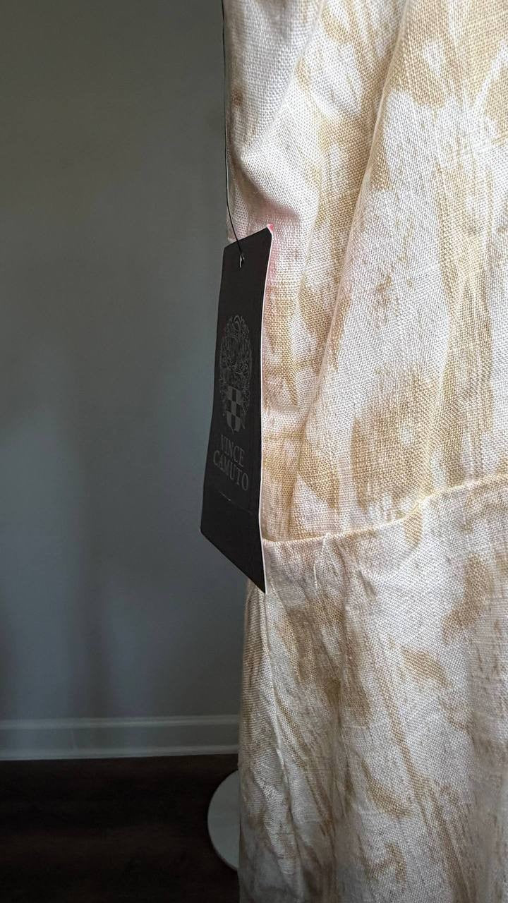 Vince Camuto Printed Linen‑Blend Square‑Neck Mini Dress Oyster Grey M NWT $169