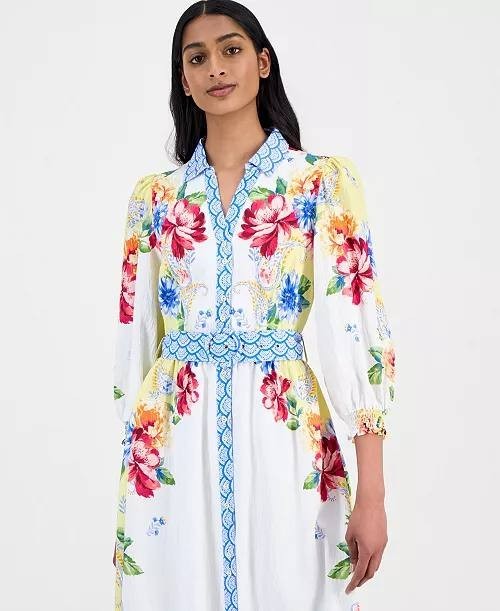 T Tahari Printed 3/4‑Sleeve Midi Shirt Dress 6 Porto Garden NWT $178