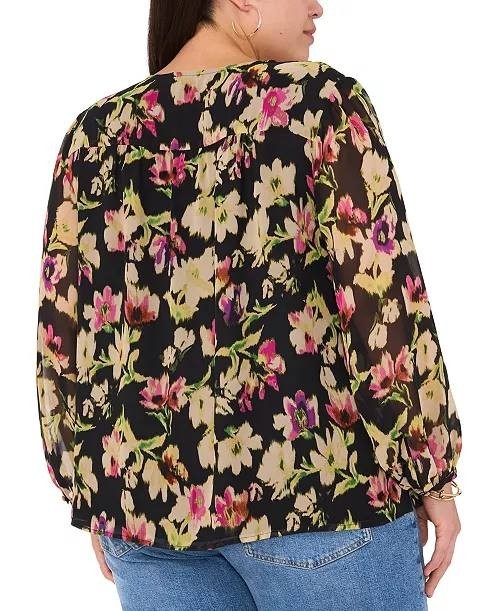 Vince Camuto Plus Size Floral‑Print V‑Neck Blouse Black Multi 1X $89 NWT