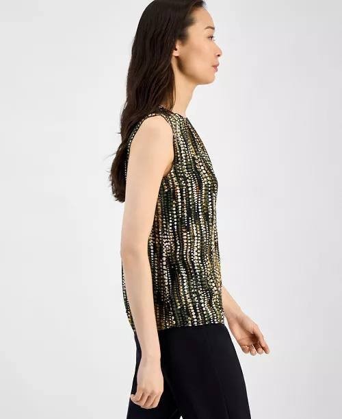 Anne Klein Round Neck Sleeveless Top Olive Palm Multi XL NWT $79