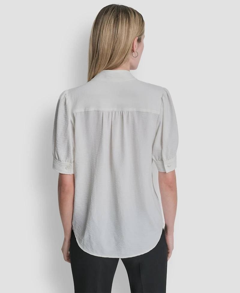DKNY Bell-Sleeve Mandarin Collar Textured Blouse Ivory XL NWT $59