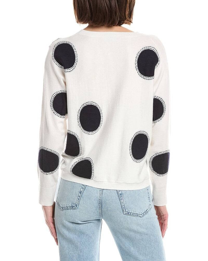 T Tahari Boatneck Whip Stitch Polka Dot Sweater White/Navy M NWT $78