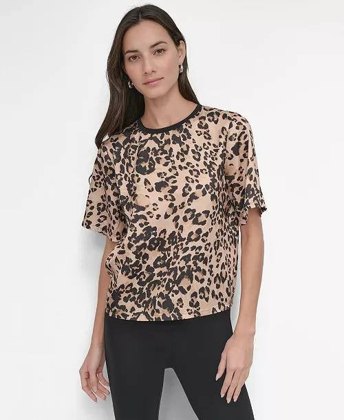 DKNY Brushstroke‑Print Short‑Sleeve Top Summer Cheetah S NWT $69