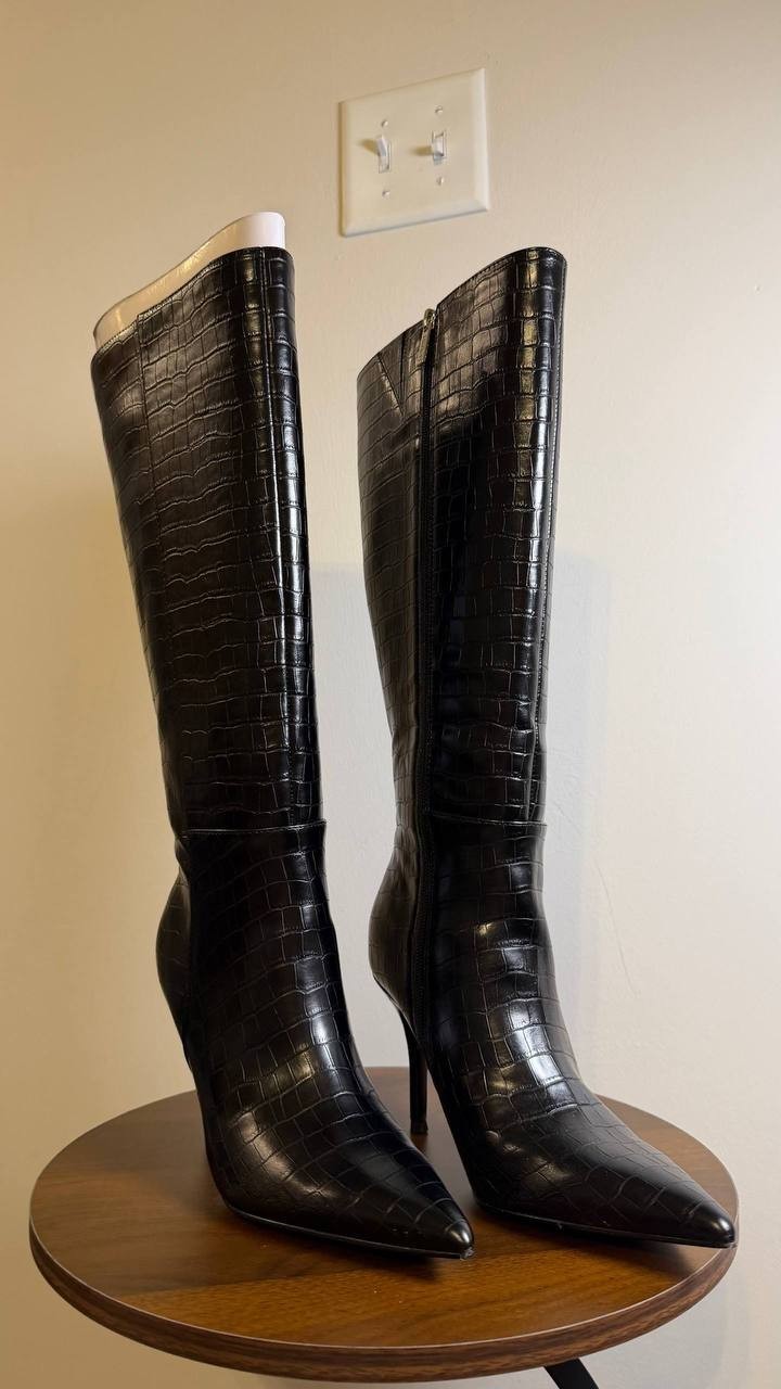 Guess Gressa Boots 7.5M Black Man‑Made Tall Pointed Toe Stiletto NIB msrp$179