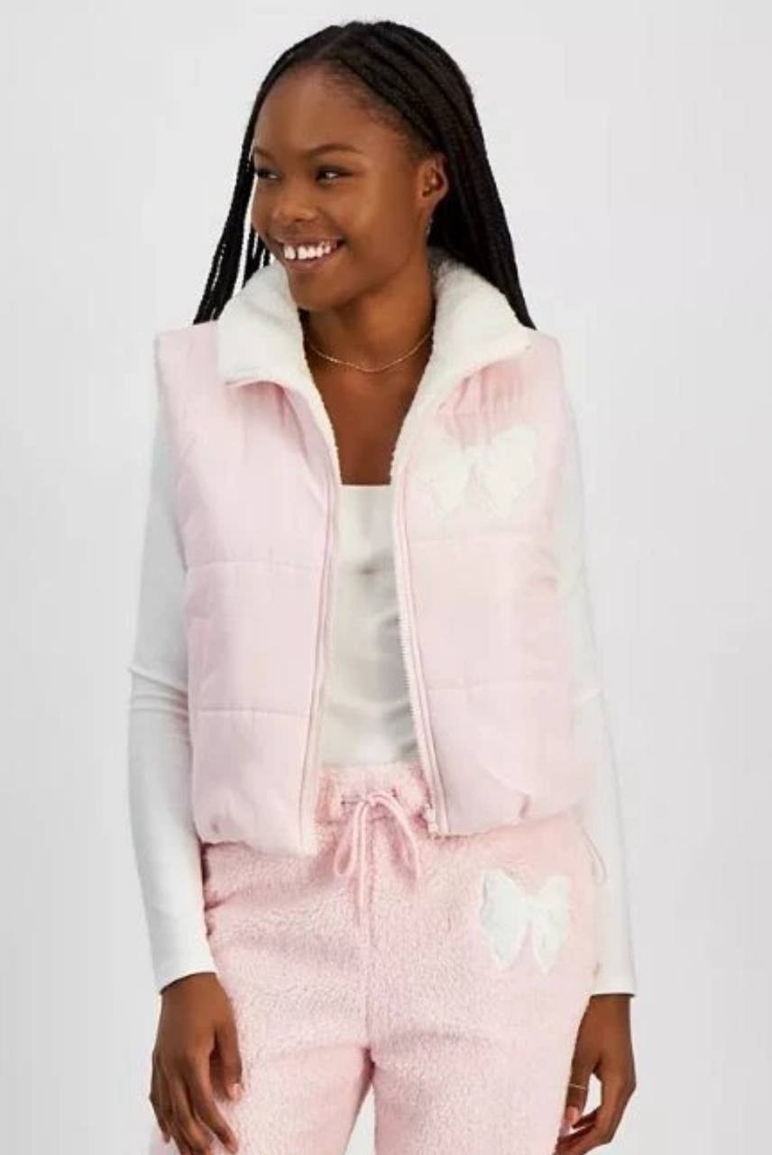Madden Girl Sherpa Puffer Vest Pink, Bow Accent, Juniors' M, Sleeveless