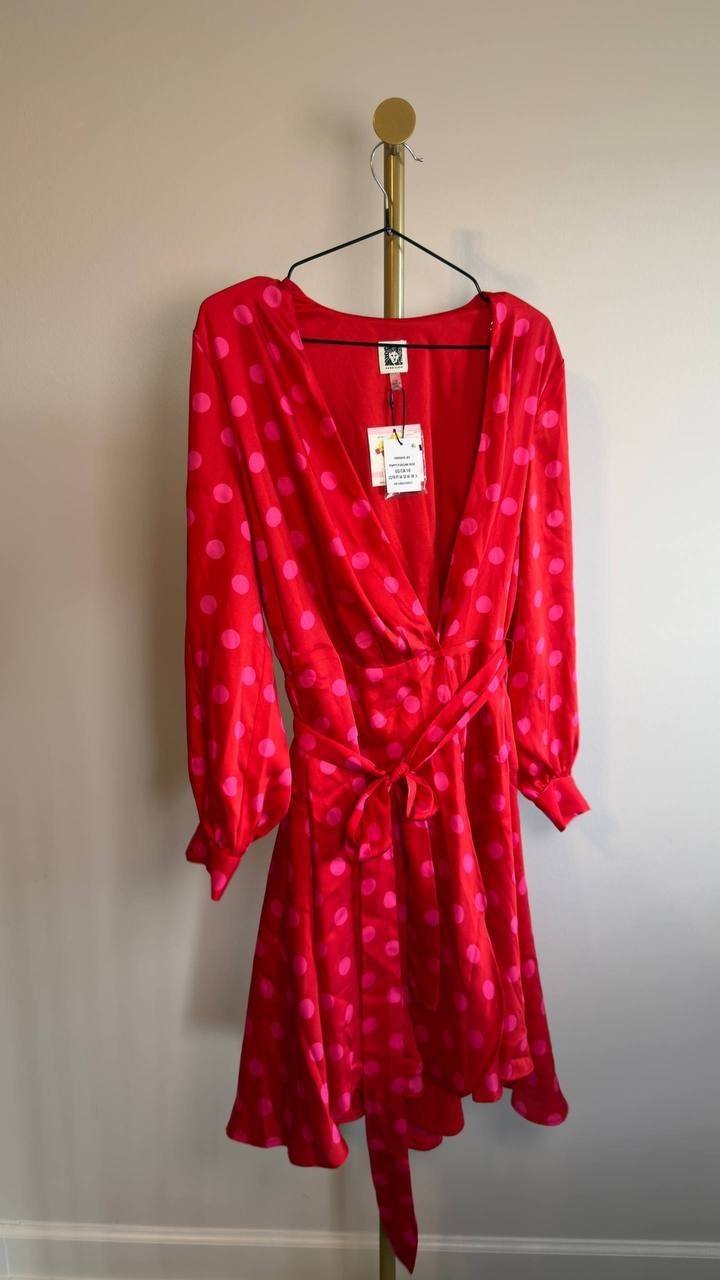 Anne Klein Long Sleeve Faux Wrap Dress Puppy/Fuschia Rose 10 NWT $139