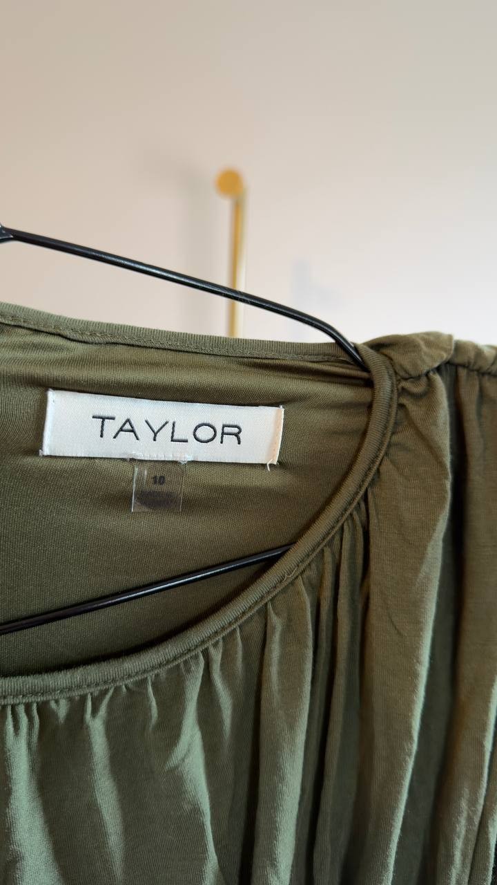 Taylor Cinched Waist Ruched Crewneck Dress Olive 10 NWT $199