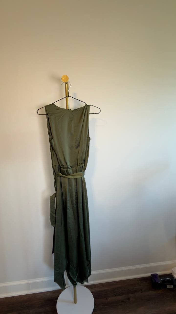 Anne Klein Surplice Handkerchief-Hem Sleeveless Midi Dress Olive 2 NWT $129