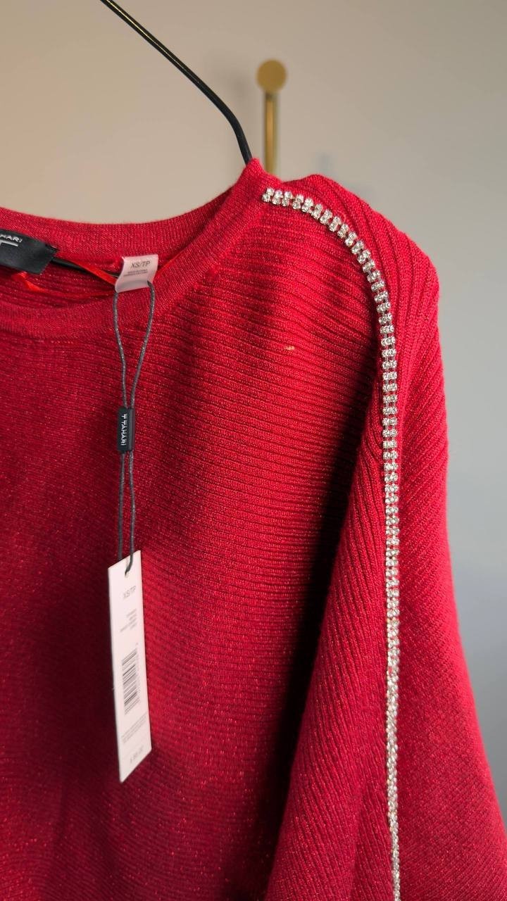 T Tahari Ribbed Embellished Dolman‑Sleeve Sweater Baked Cherry XS NWT $88