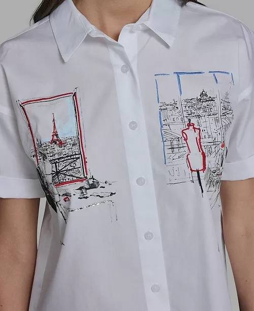 Karl Lagerfeld Paris Cropped City Scene Collared Top White S NWT $109