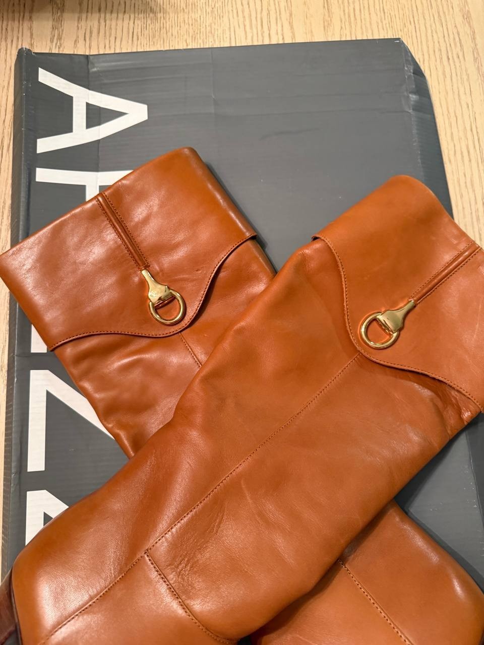 Arezzo Brown Leather Knee-High Boots 9.5B Gold Bit Detail, New with Box