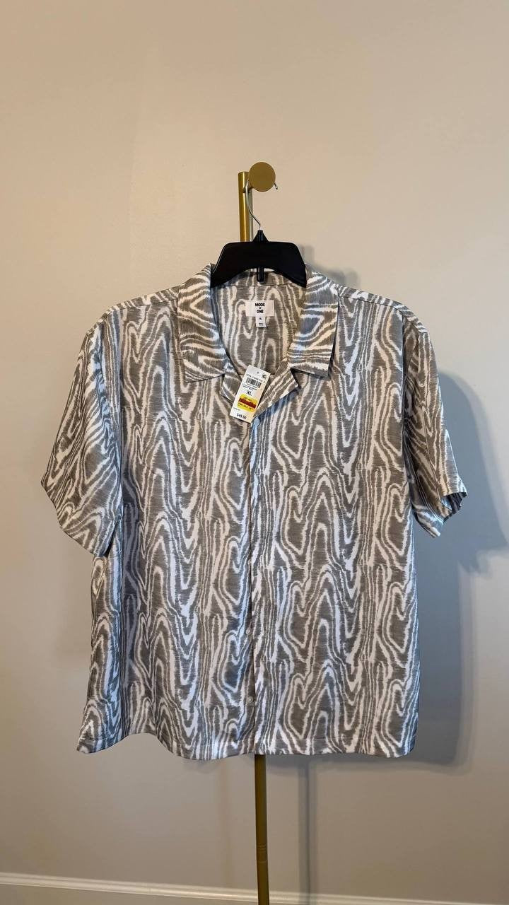 Mode of One Men’s Abstract Wave Print Camp Collar Shirt Gray XL $49.50 NWT